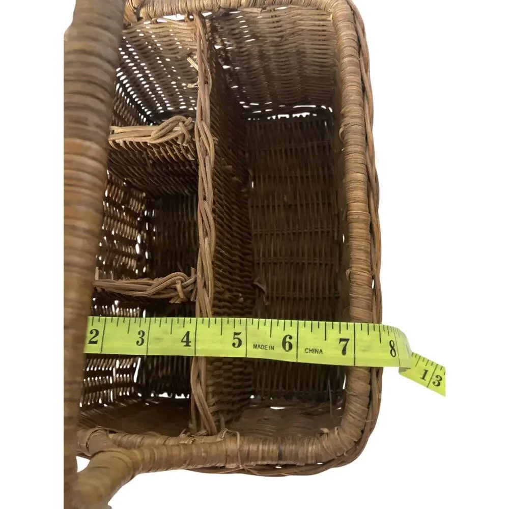 Vintage Rattan & Wicker Divided Utensil Caddy Storage Basket Country Cottage